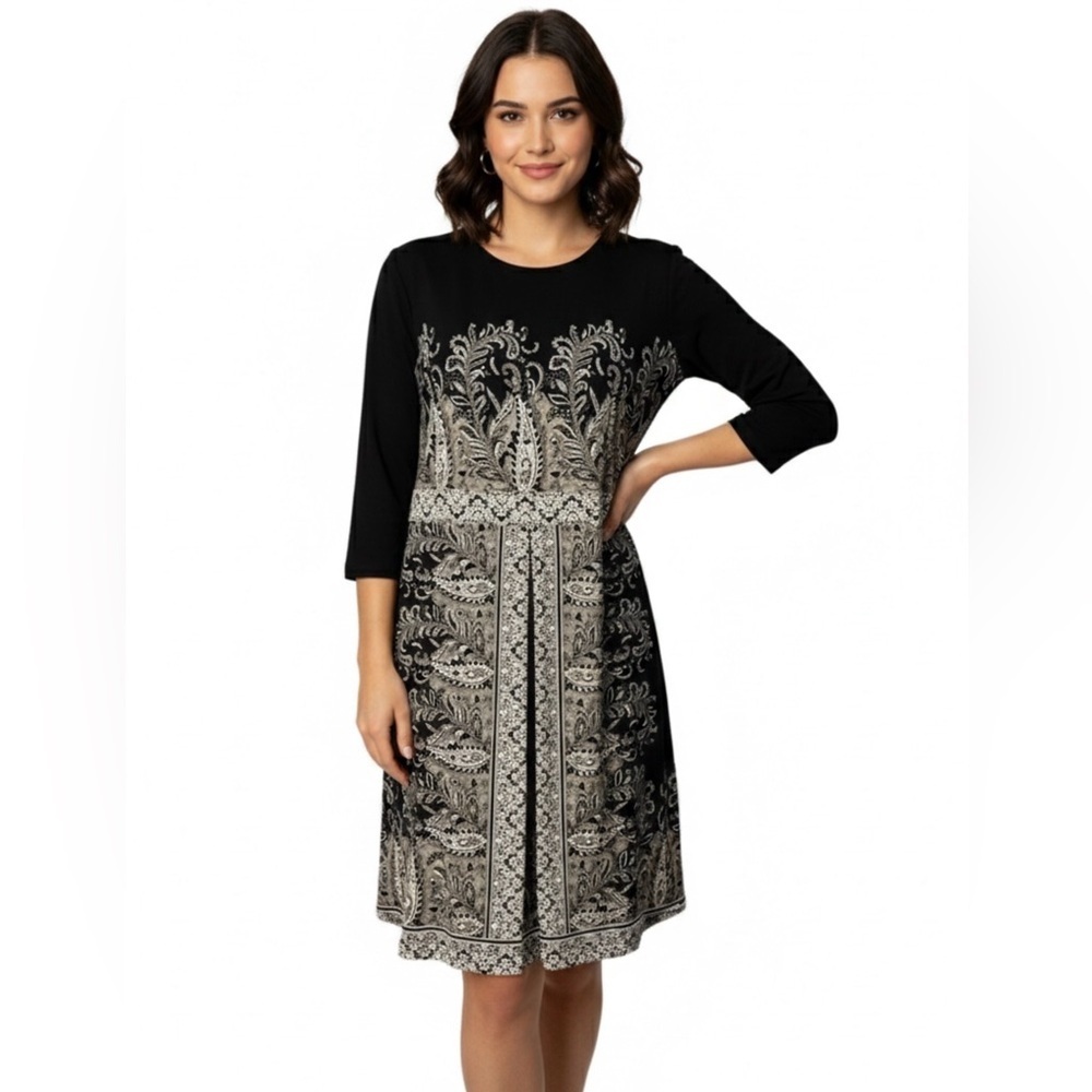 J. Jill Wearever Black 3/4 Sleeve Paisley Shift Dress Size Small Petite